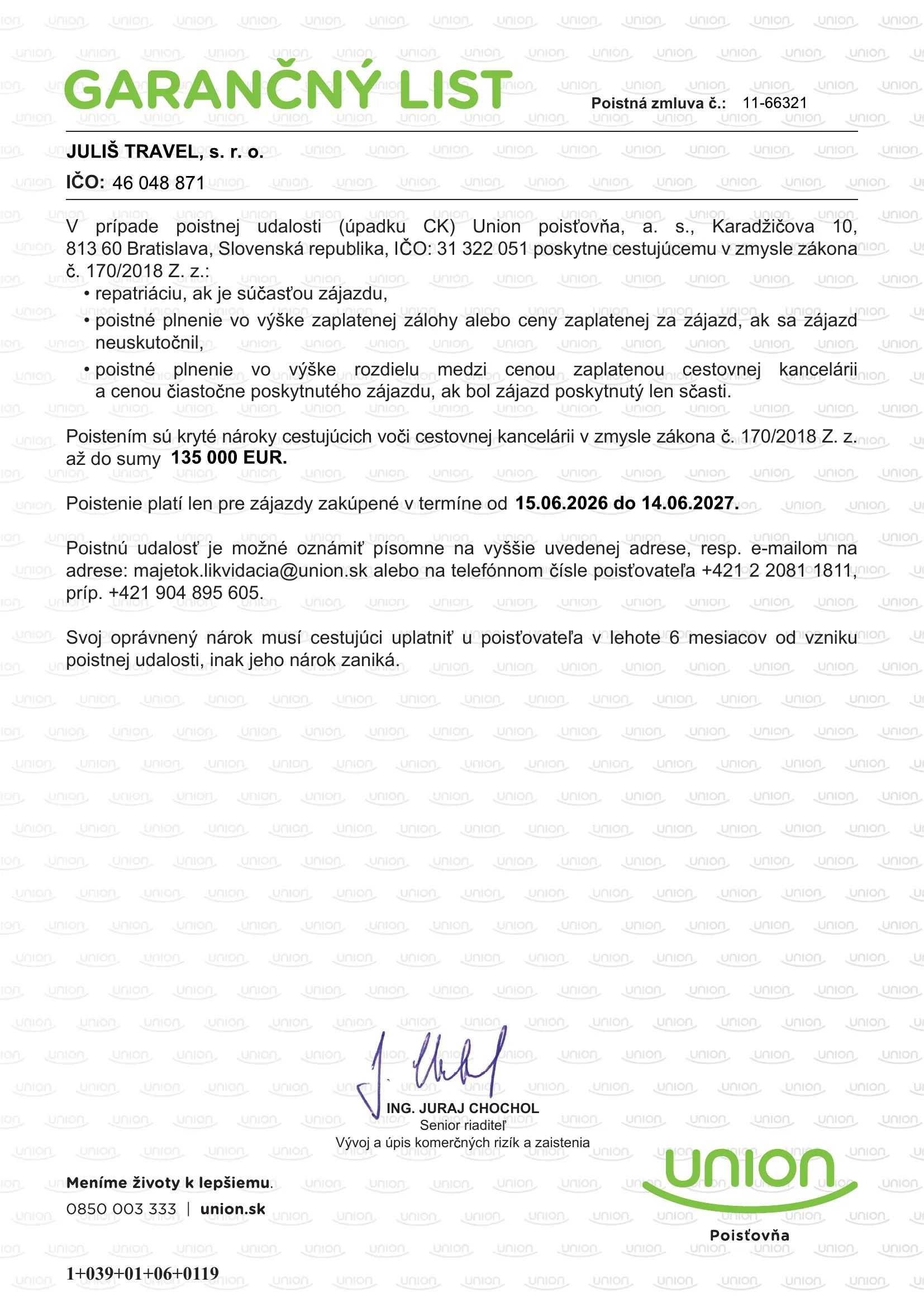 Garančný list Union – Juliš Travel, platnosť 15. 6. 2026 – 14. 6. 2027
